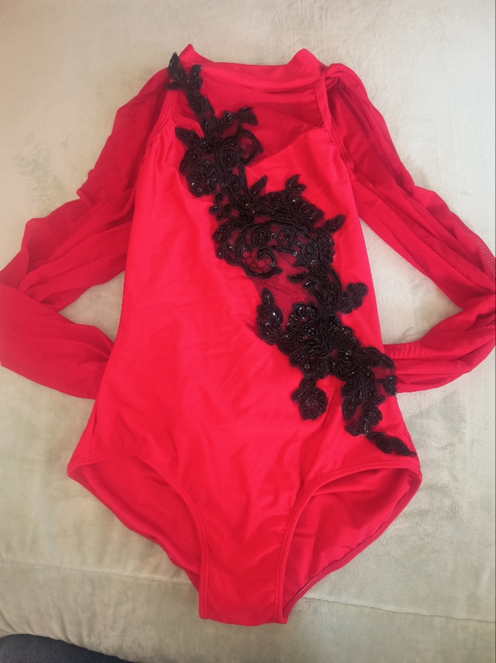 Red Halter Bodysuit with Black Beaded Appliqué